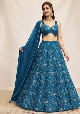 Blue Embroidered Silk Lehenga Set