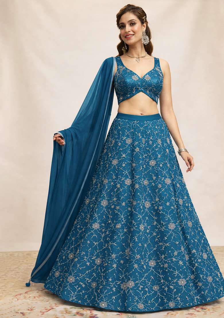 Blue Embroidered Silk Lehenga Set - Indya
