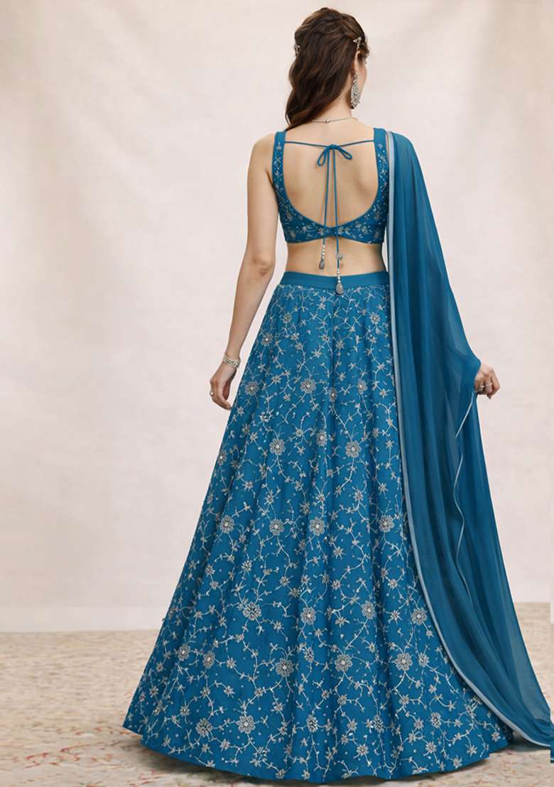 Blue Embroidered Silk Lehenga Set - Indya