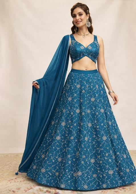 Blue Embroidered Silk Lehenga Set