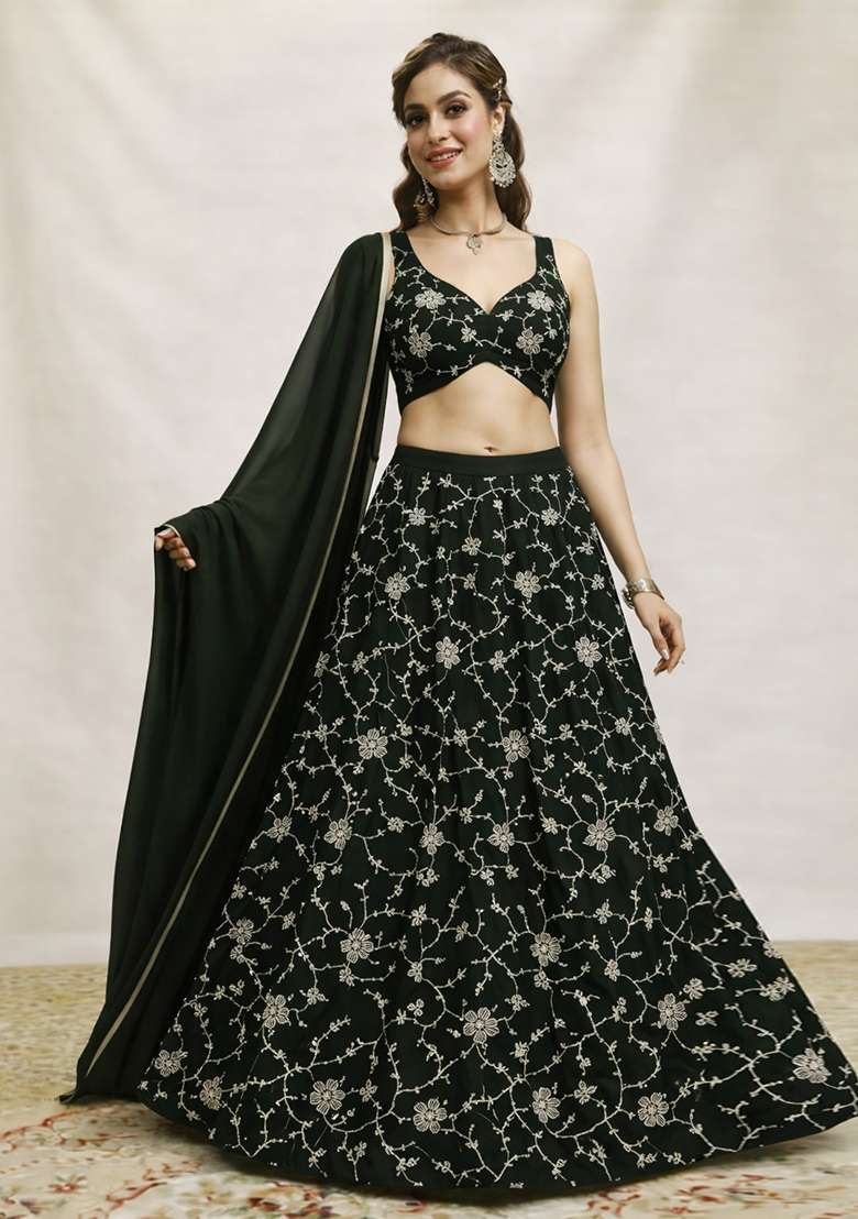 Forest Green Embroidered Silk Lehenga Set - Indya