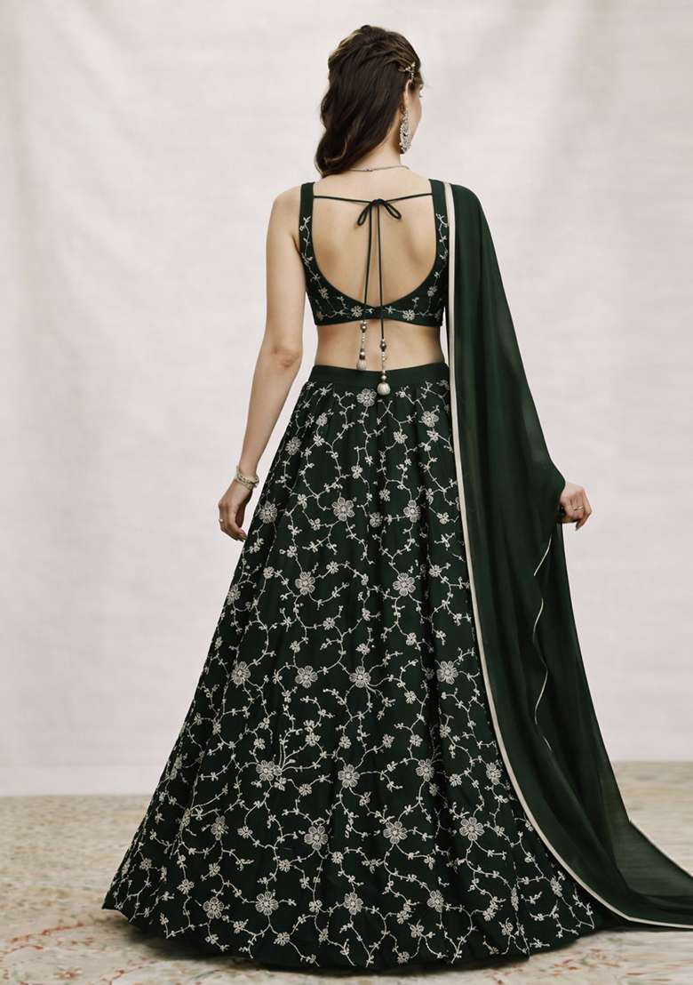 Forest Green Embroidered Silk Lehenga Set - Indya