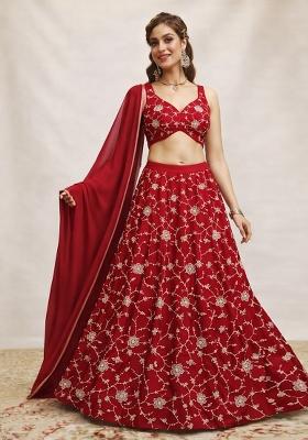 Red Embroidered Silk Lehenga Set