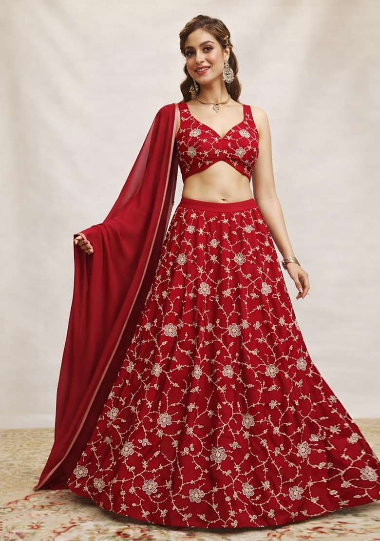 Red Embroidered Silk Lehenga Set - Indya