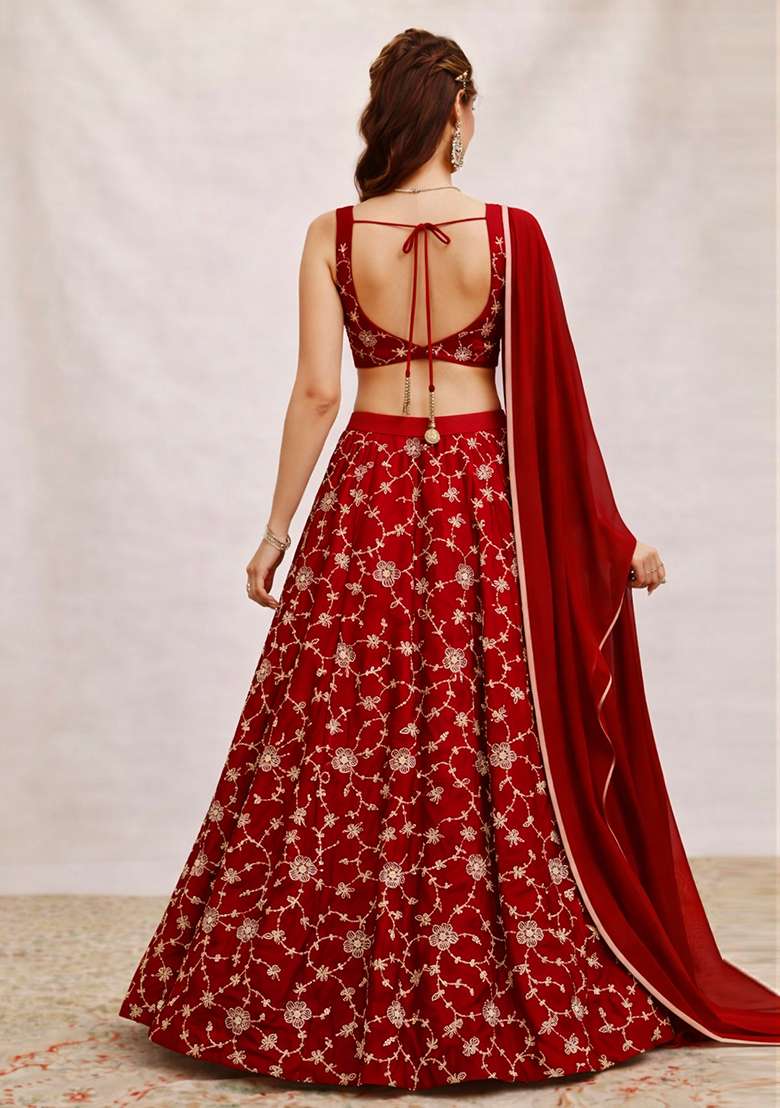 Red Embroidered Silk Lehenga Set - Indya