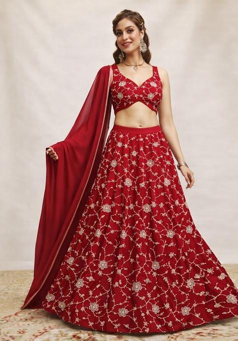Red Embroidered Silk Lehenga Set