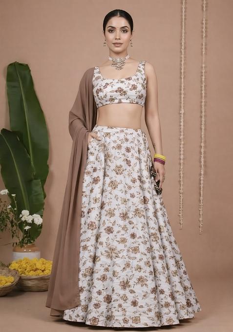 Muted Brown Floral Print Crepe Sharara Set