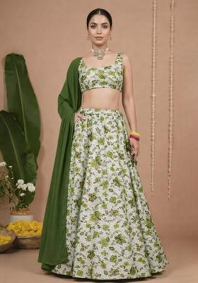 Olive Green Floral Print Crepe Sharara Set