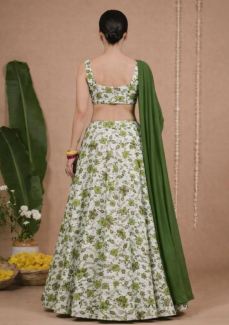 Olive Green Floral Print Crepe Sharara Set - Indya