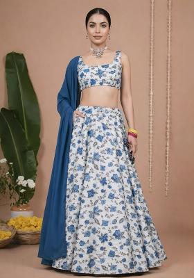 Blue Floral Print Crepe Sharara Set