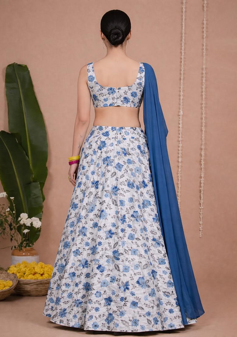 Blue Floral Print Crepe Sharara Set - Indya