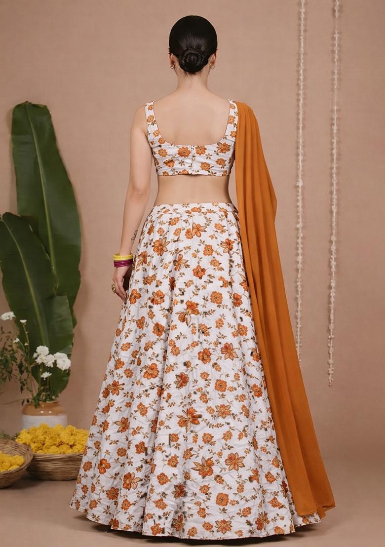 Burnt Orange Floral Print Crepe Sharara Set - Indya