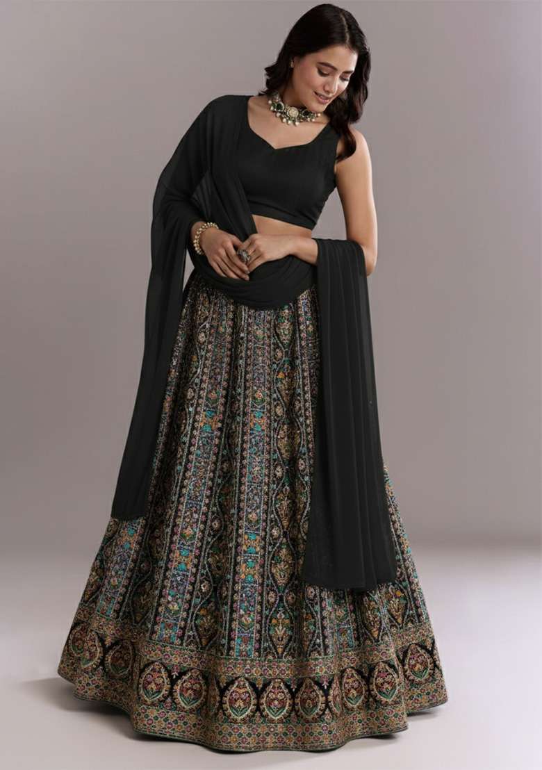 Black Embroidered Crepe Lehenga Set - Indya
