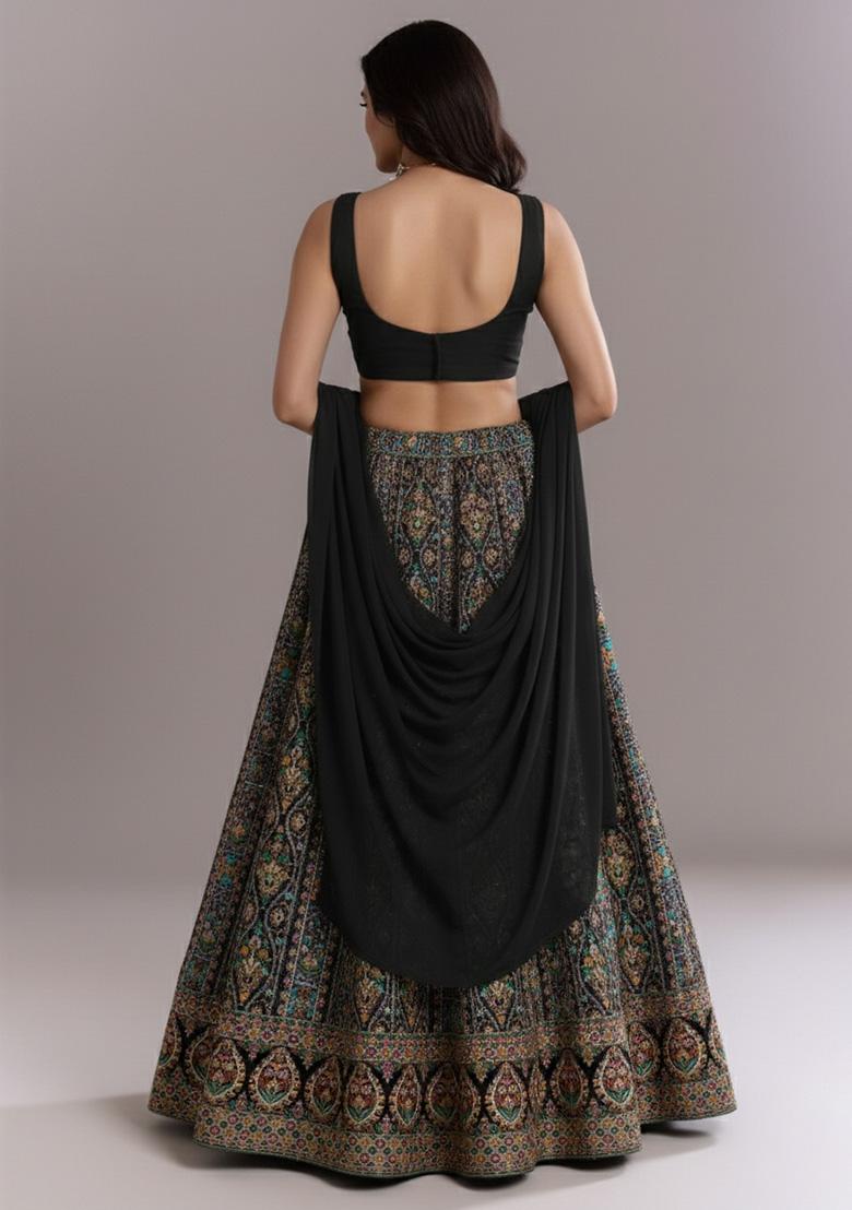 Black Embroidered Crepe Lehenga Set - Indya