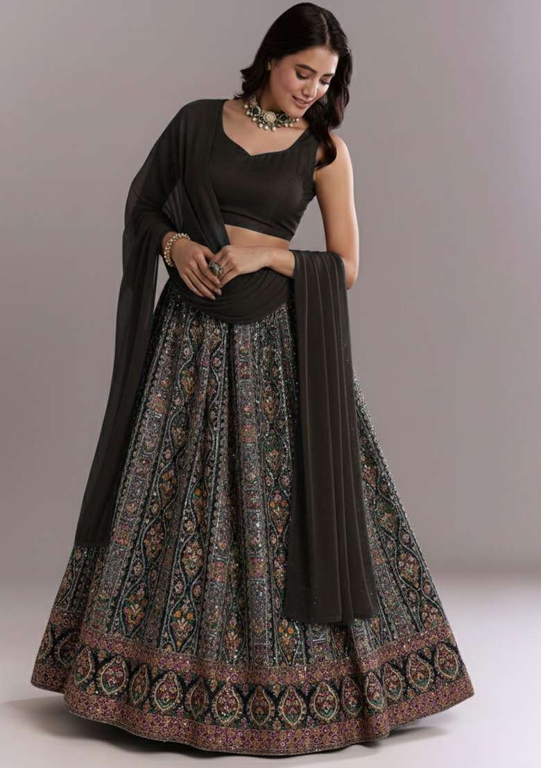 Midnight Blue Embroidered Crepe Lehenga Set - Indya