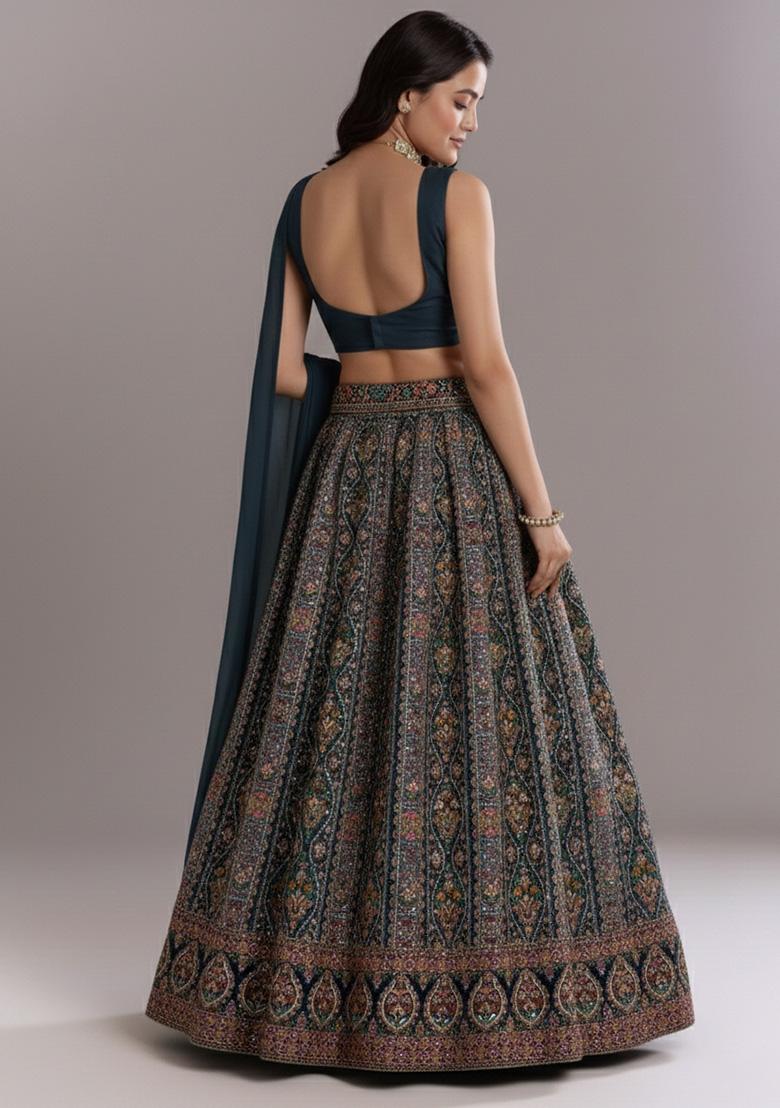 Midnight Blue Embroidered Crepe Lehenga Set - Indya