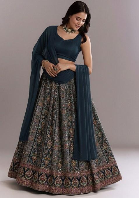 Midnight Blue Embroidered Crepe Lehenga Set