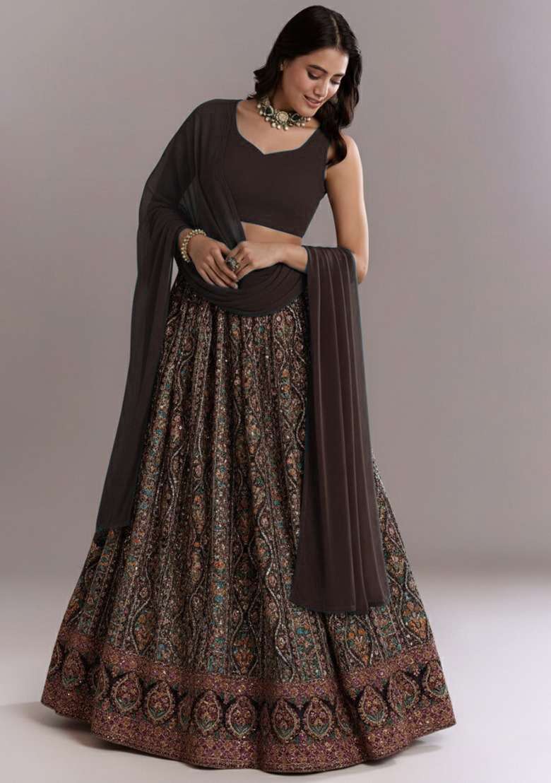 Bottle Green Embroidered Crepe Lehenga Set - Indya