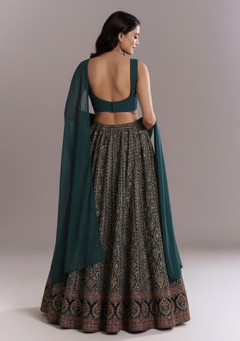 Bottle Green Embroidered Crepe Lehenga Set - Indya