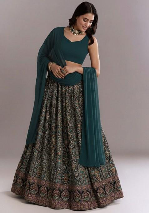 Bottle Green Embroidered Crepe Lehenga Set