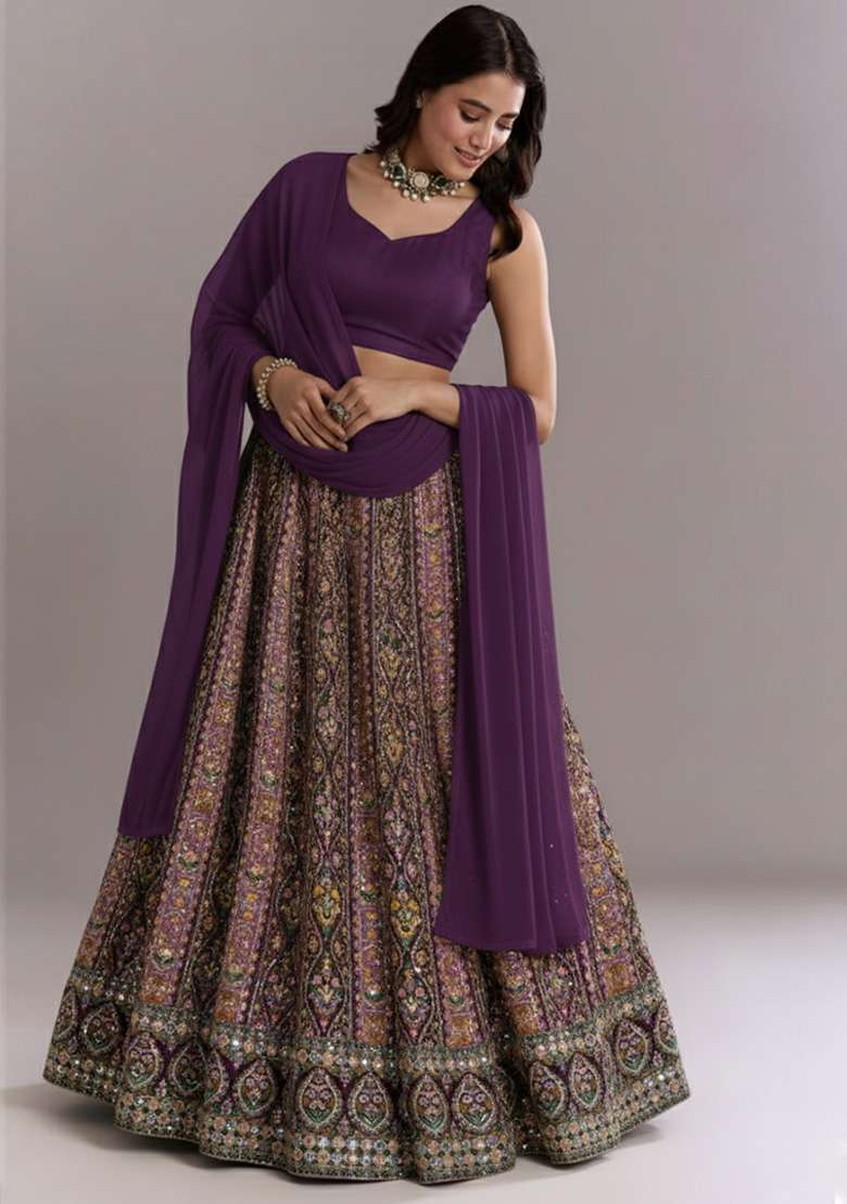 Purple Embroidered Crepe Lehenga Set - Indya