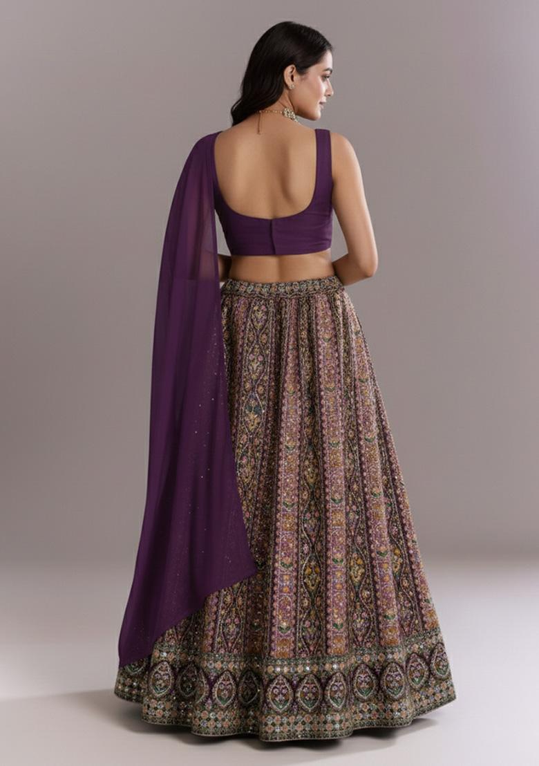 Purple Embroidered Crepe Lehenga Set - Indya