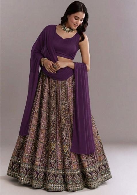 Purple Embroidered Crepe Lehenga Set