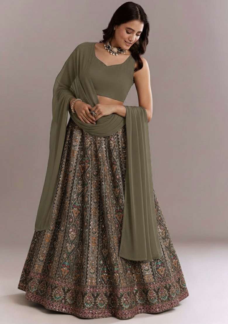 Olive Green Embroidered Crepe Lehenga Set - Indya