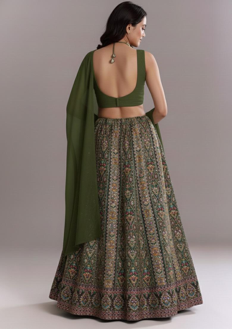Olive Green Embroidered Crepe Lehenga Set - Indya