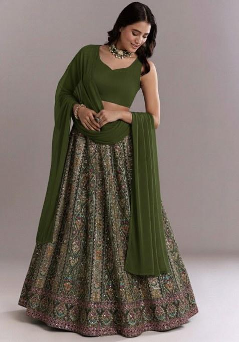 Olive Green Embroidered Crepe Lehenga Set