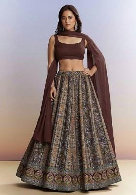 Brown Embroidered Crepe Lehenga Set