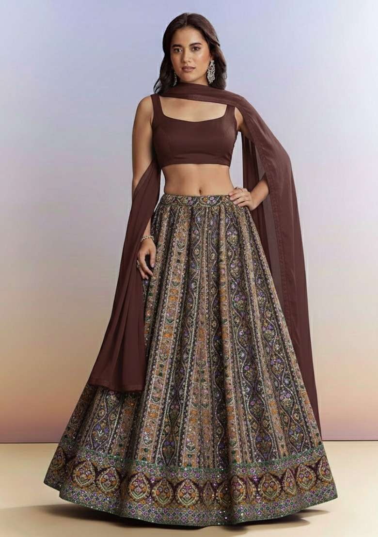 Brown Embroidered Crepe Lehenga Set - Indya