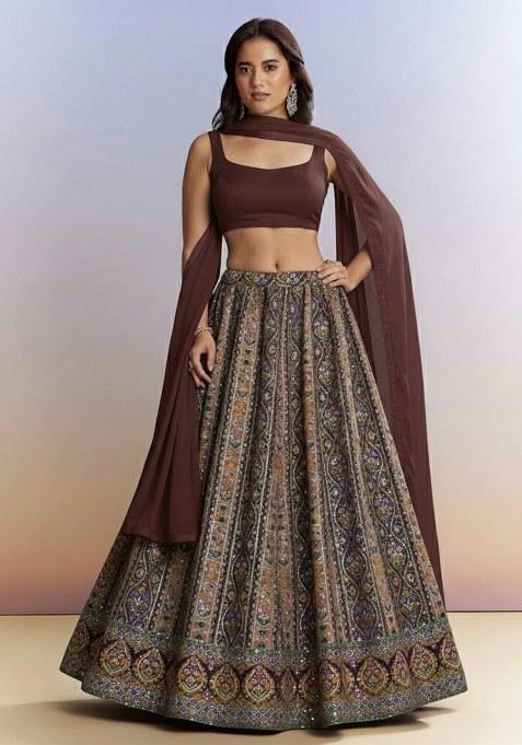 Brown Embroidered Crepe Lehenga Set
