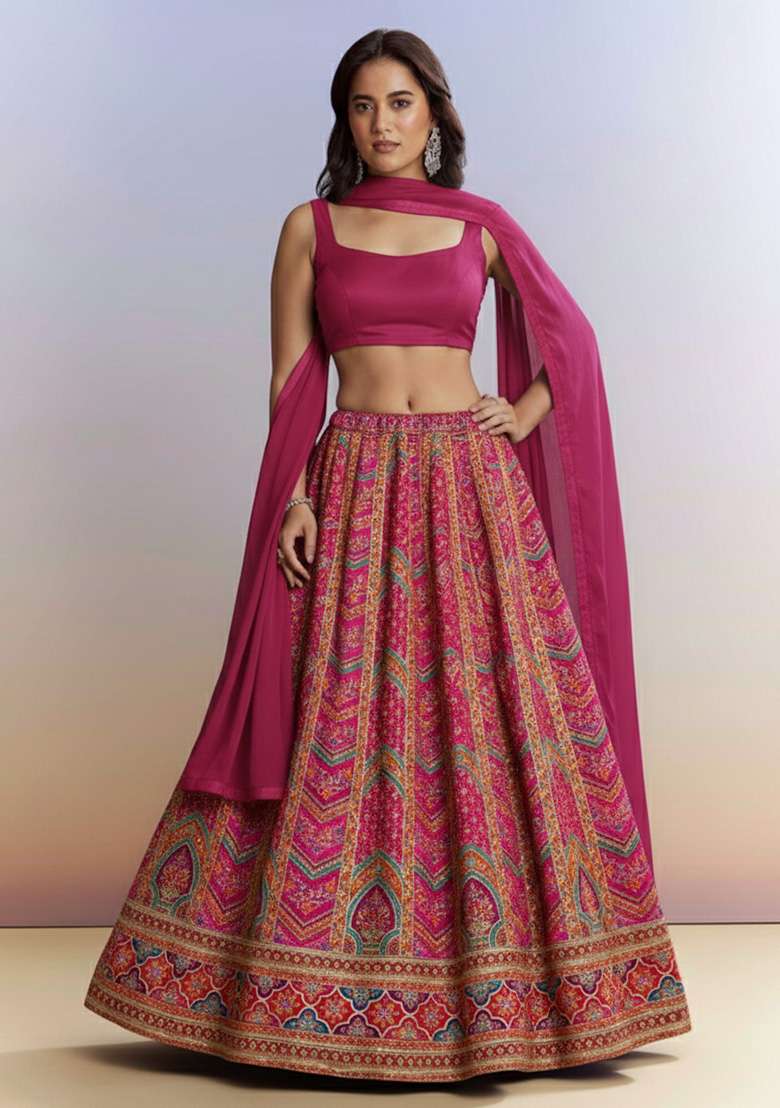Pink Embroidered Crepe Lehenga Set - Indya
