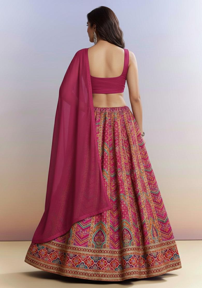 Pink Embroidered Crepe Lehenga Set - Indya
