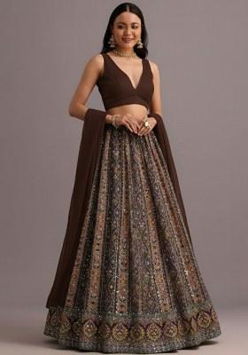 Brown Embroidered Crepe Lehenga Set