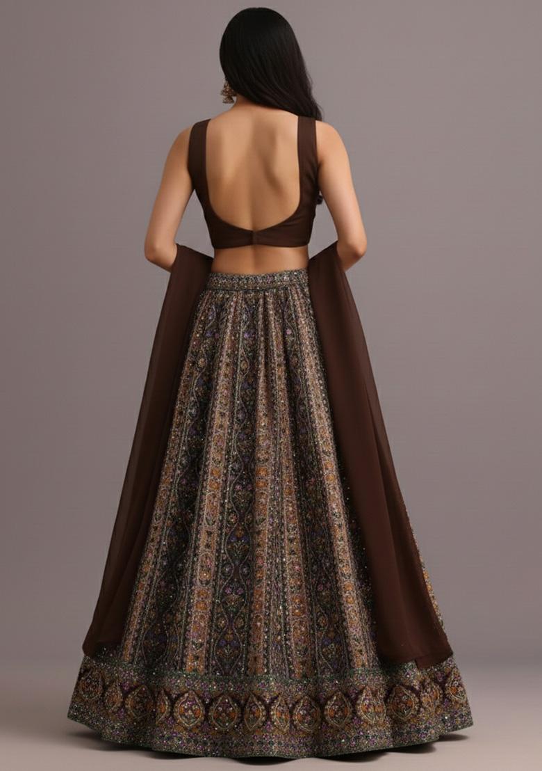 Brown Embroidered Crepe Lehenga Set - Indya
