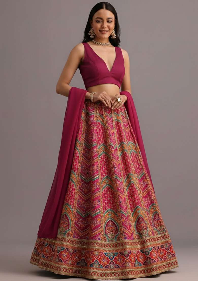 Pink Embroidered Crepe Lehenga Set - Indya