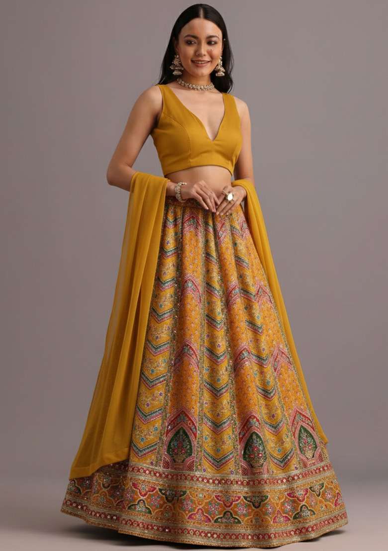 Yellow Embroidered Crepe Lehenga Set - Indya