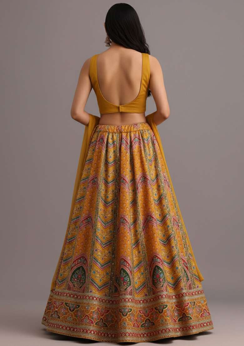 Yellow Embroidered Crepe Lehenga Set - Indya