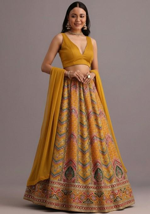 Yellow Embroidered Crepe Lehenga Set