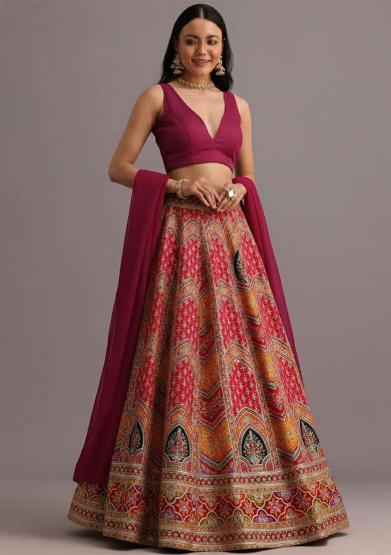 Deep Maroon Embroidered Crepe Lehenga Set - Indya