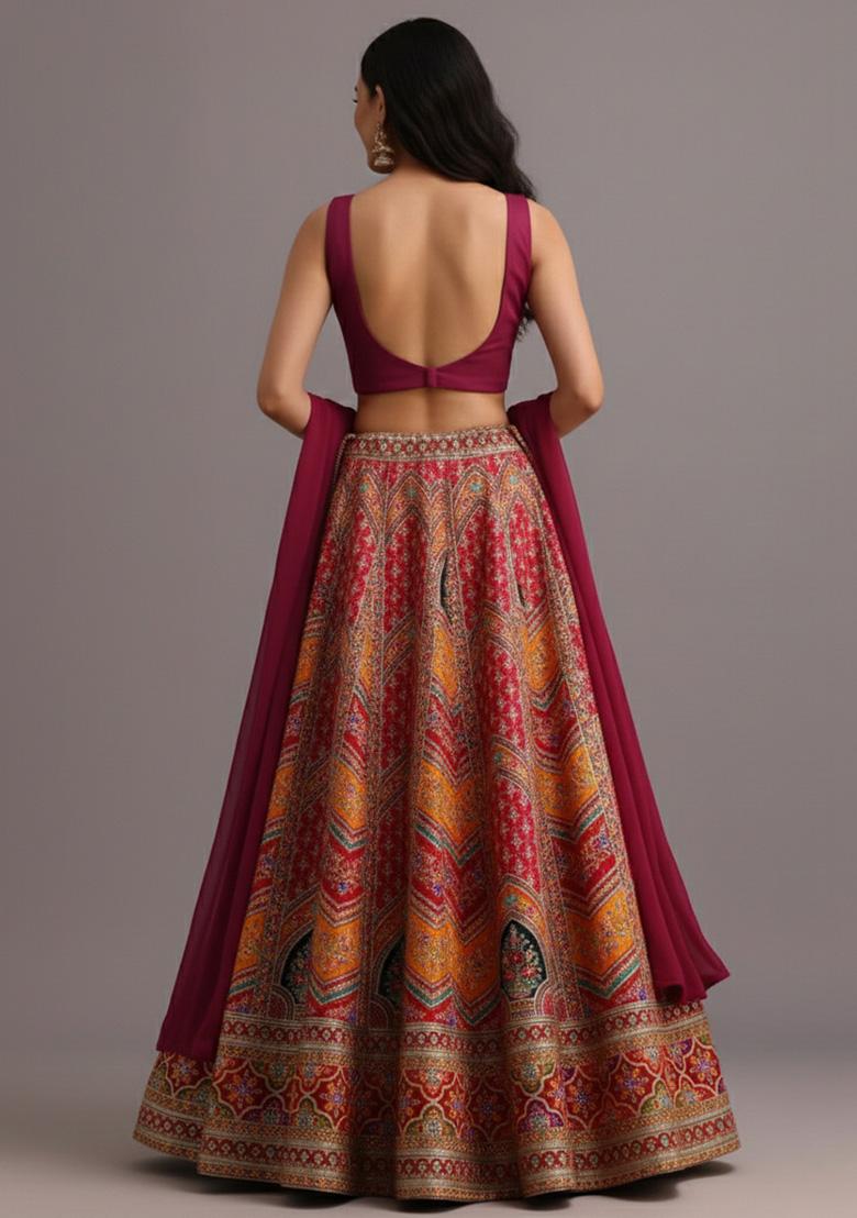 Deep Maroon Embroidered Crepe Lehenga Set - Indya