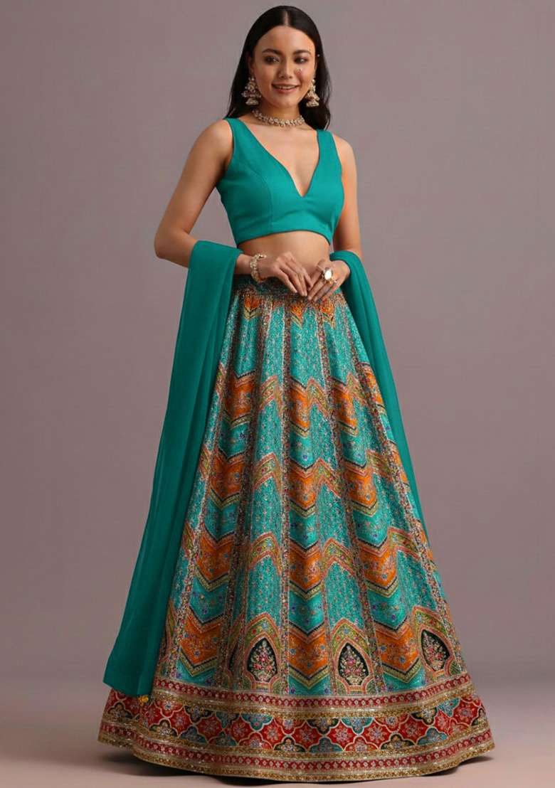 Teal Green Embroidered Crepe Lehenga Set - Indya