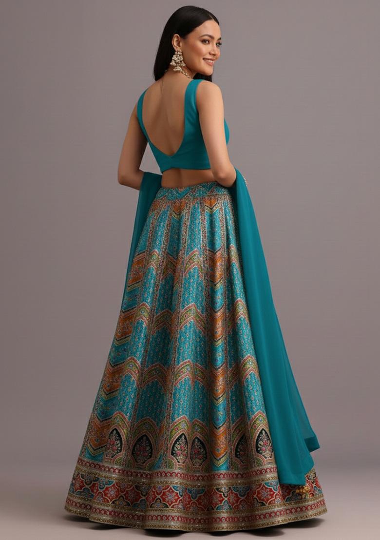 Teal Green Embroidered Crepe Lehenga Set - Indya