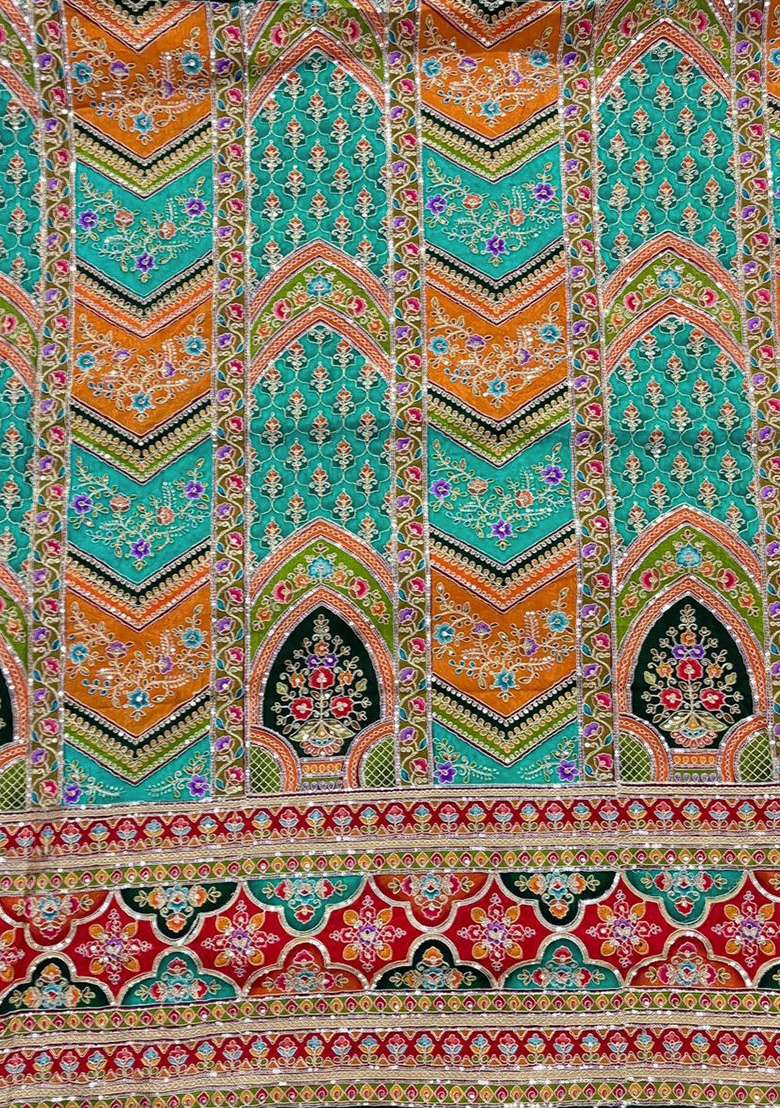 Teal Green Embroidered Crepe Lehenga Set - Indya