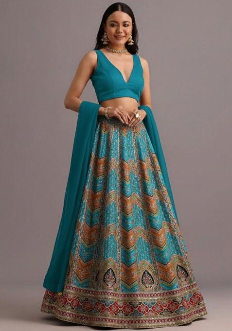 Teal Green Embroidered Crepe Lehenga Set