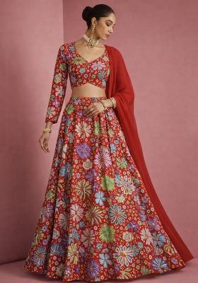 Peach Floral Print Chinon Lehenga Set