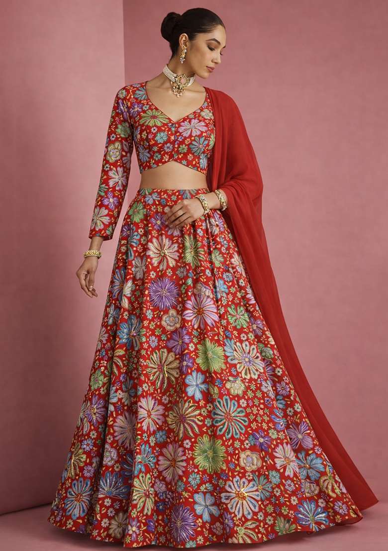 Peach Floral Print Chinon Lehenga Set - Indya