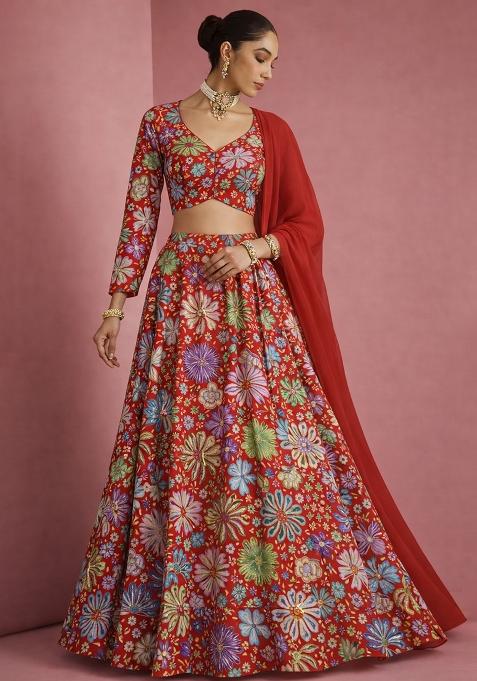 Peach Floral Print Chinon Lehenga Set